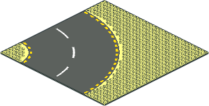 Baseplate 32 x 32 Road 6-Stud Curve with Yellow Road Edge Pattern