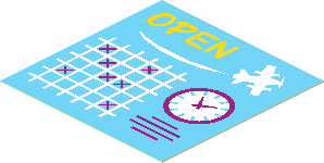 Sticker  1.9 x  1.9 with "OPEN", White Seaplane, Schedule Grid and Clock